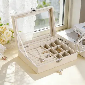 Transparent lid velvet jewelry storage box with 9 grids and 8 slots, suitable for rings, earrings, necklaces - a tray display box stand, earring storage box, Jewelry Organizer and Jewelry Storage Unit, perfect for girls, wives, mothers, and ladies