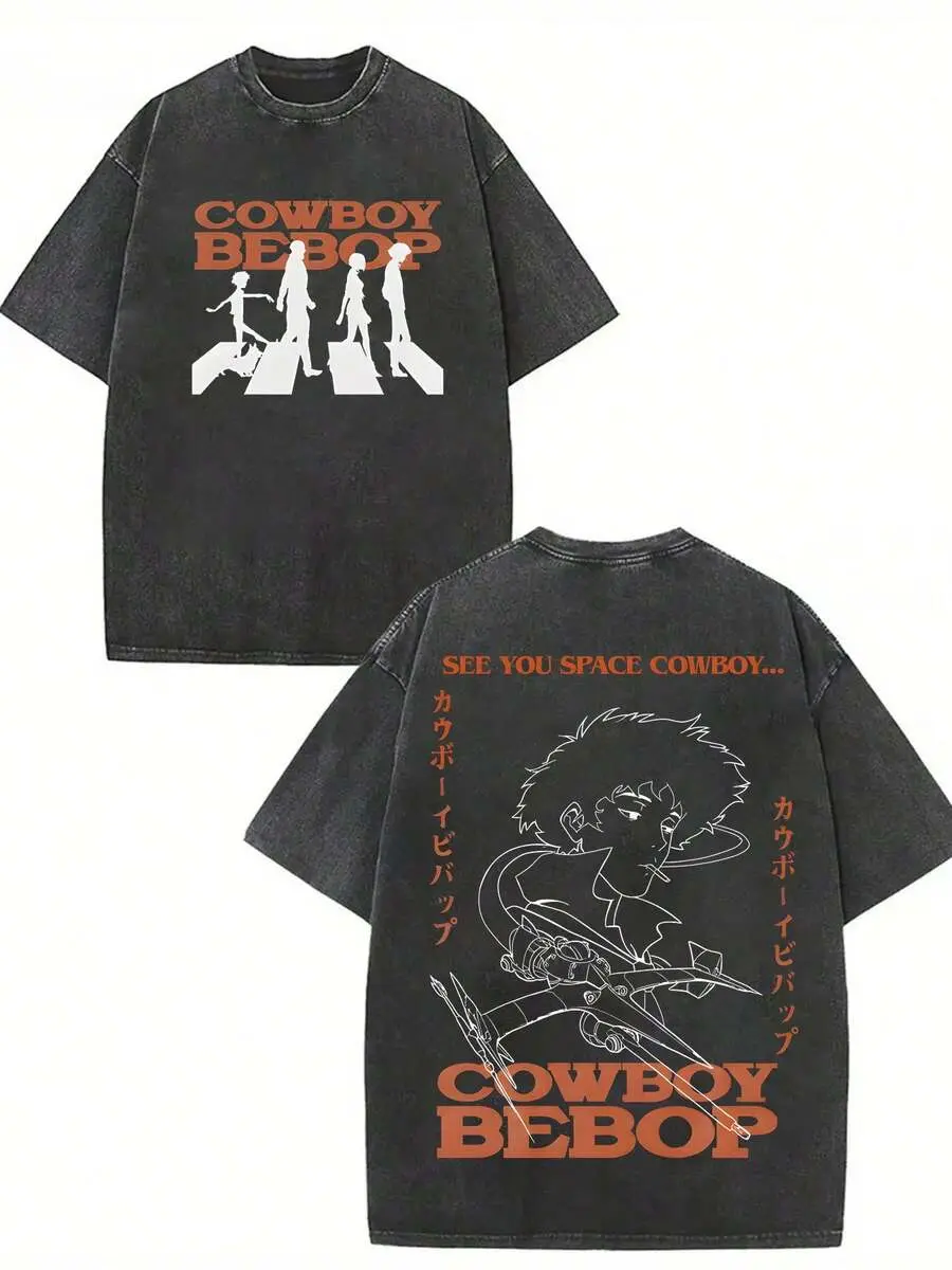 Exclusive Limited Cowboy Bebop Vintage Washed Graphic Tee Unisex Oversized Soft Cotton Short Sleeve Crewneck Retro Anime Aesthetic Casual Streetwear Daily Outdoor Fashion Top Ideal Gift for Adult Anime Fans Men Women