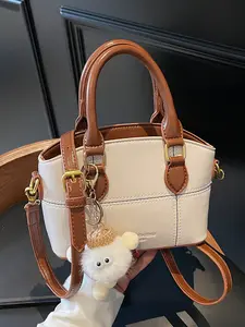 Contrast color stitching mini handbag, small and exquisite with plush pendant, versatile, casual, Casual trendy bag, multi-color optional, can be carried by hand or cross-body, niche design suitable for daily travel, shopping, etc., Hand Shoulder Bag