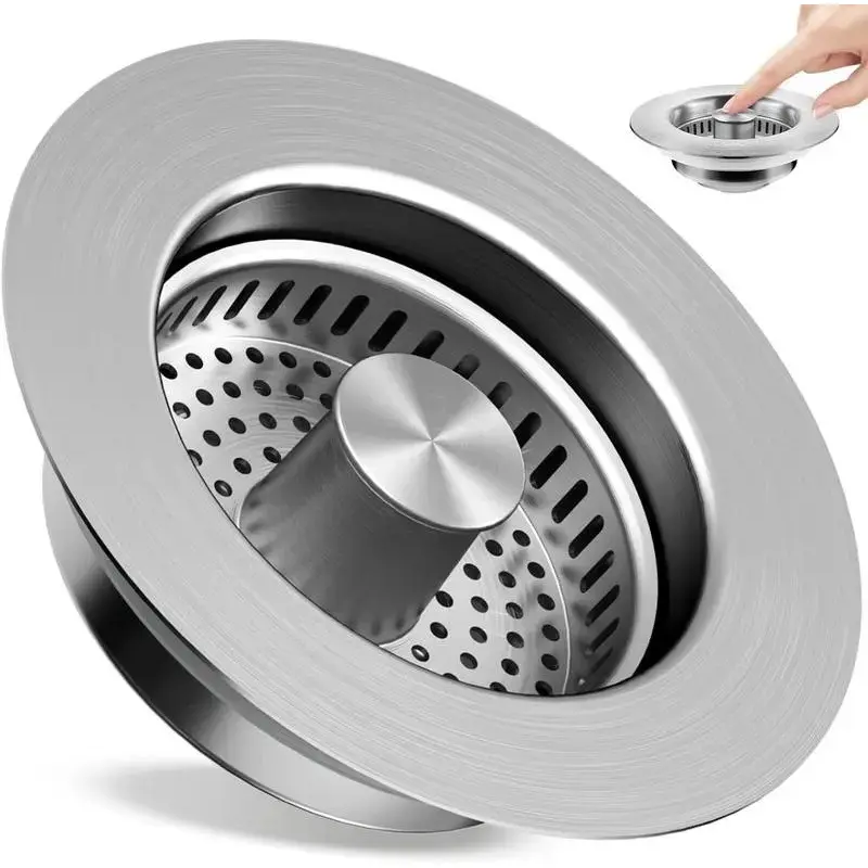 3-in-1 Kitchen Sink Strainer, 304 Stainless Steel Drain Plug Anti-Clog Anti-Odor Sink Drain Filter Basket, Fits US Standard 3-1/2 Inch Sink Drains, Food Catcher Sink Stopper for Kitchen Bathroom