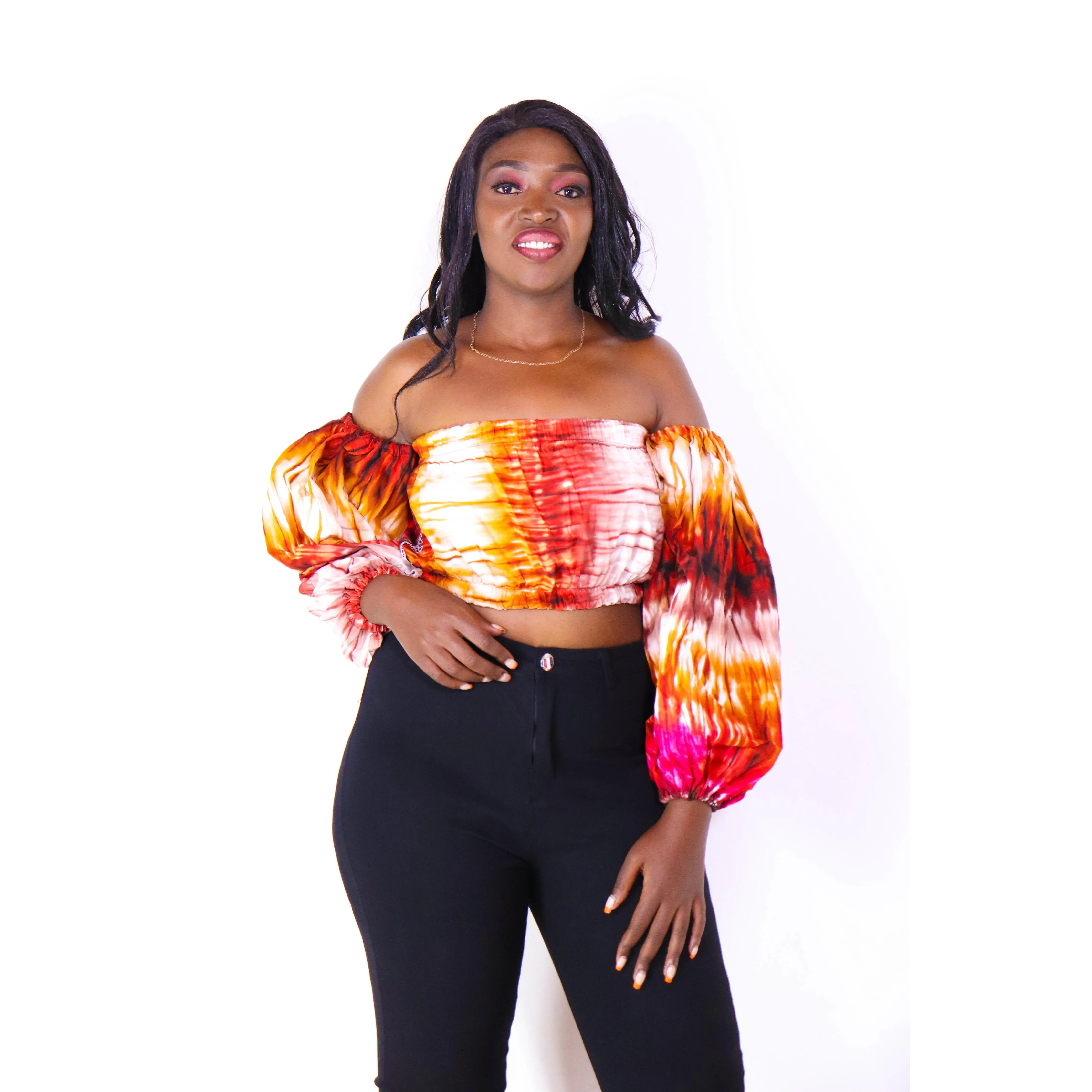 Shiro Women's African Print Off Shoulder Crop Top  (Orange/Red)