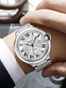 Round Luxury Quartz Men's Watch with Quartz Movement&Distinctive Roman Numerals with Blue Steel Hands&Sapphire Crown&Leather Strap&Showcasing Vintage Luxury and Top-Tier Style on the Wrist