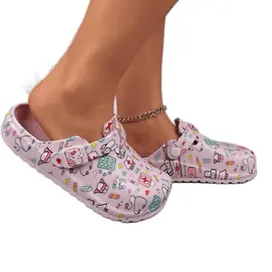 Pink Medical Healthcare Workers Cartoon Print Platform EVA Clogs Mules Walking Shoes with Adjustable Buckle Water-Resistant Comfortable Fit for Nurses Doctors & Everyday Use