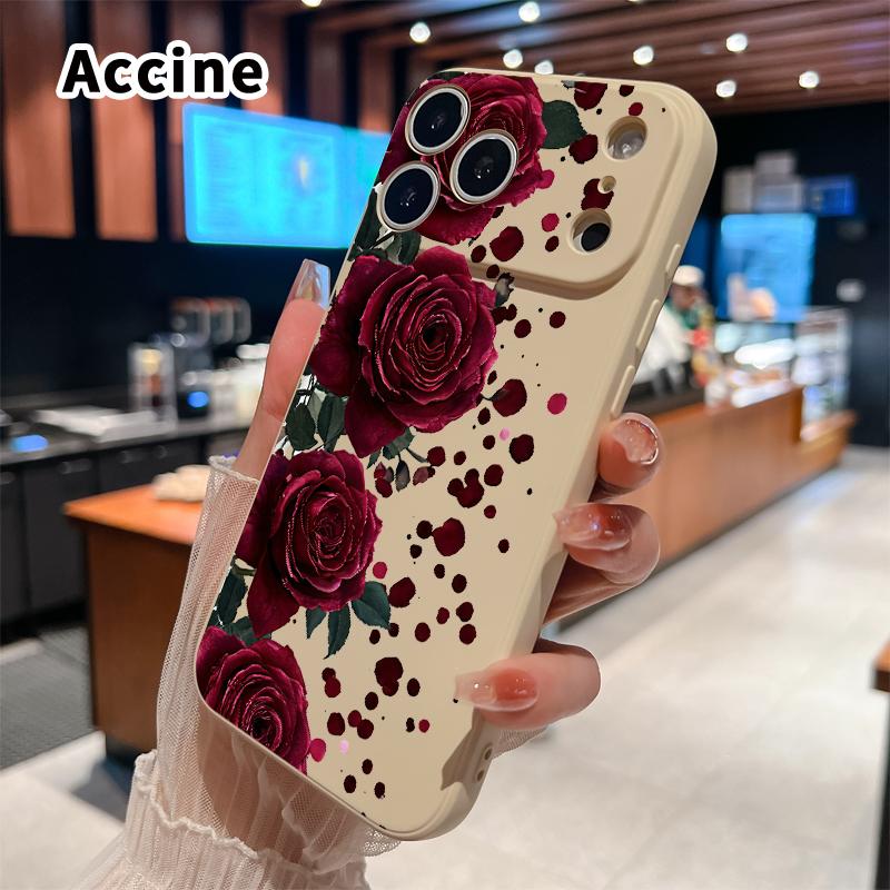 Straight Edge Phone Case for iPhone 17 15 16 14 Pro Max 13 12 11 XR XS Plus Air E Blooming Ruby Roses Pattern Anti-Scratch Shockproof Soft Liquid Silicone Protective Cover Smartphone Casing