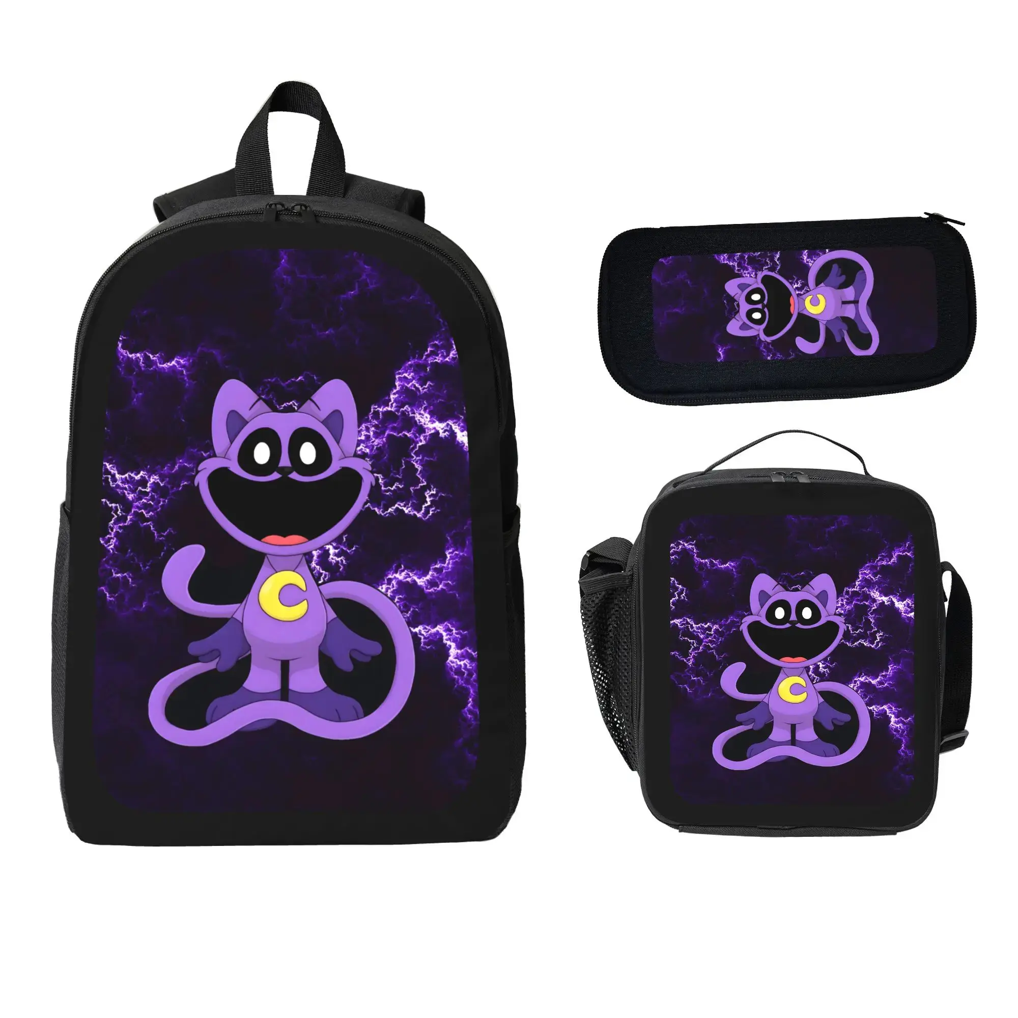CatNap Smiling Critters Cartoon Backpack 3PCS Set, Anime Lightning Purple Printing School Bag with Insulated Lunch Box & Pencil Case for Boys Girls Teens, Back to School Essentials,back to school,back to school haul