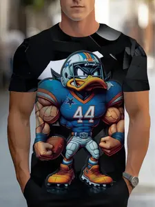Cartoon Duck American Football Pattern Short Sleeve T-Shirt, Unisex Trendy Print Top, Casual Fitted Long H-Type, No Collar, Buttonless