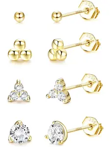 Tiny Stud Earrings Gold Plated Sterling Silver Small Trio Ball/Stud CZ Earring Set for Women Minimalist Tragus Cartilage Piercing 20G Shining Earrings