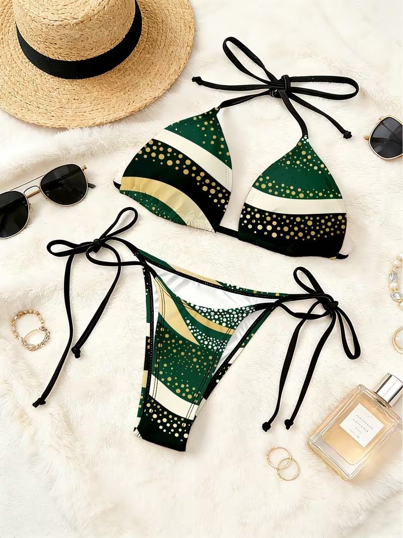 New Two-Piece Printed Bikini Set for Women with Straps and Split Design Geometric Pattern Mid Rise Lingerie Sets 100% Polyester - Fabric, Womenswear