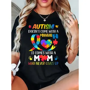 "Autism Doesnt Come With a Manual, It Comes With a Mom Who Never Gives Up" Awareness Tee - Soft & Breathable Crewneck, Medium Stretch Polyester Blend for Everyday Comfort | Show Your Support in Style, Perfect for Autism Acceptance Month, Spring & Summer