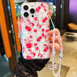 Cherry Bow Phone Case, Transparent Tpu Cover with Butterfly Knot Strap, Anti-Drop Gift for Boyfriend Girlfriend, Fits iPhone Models
