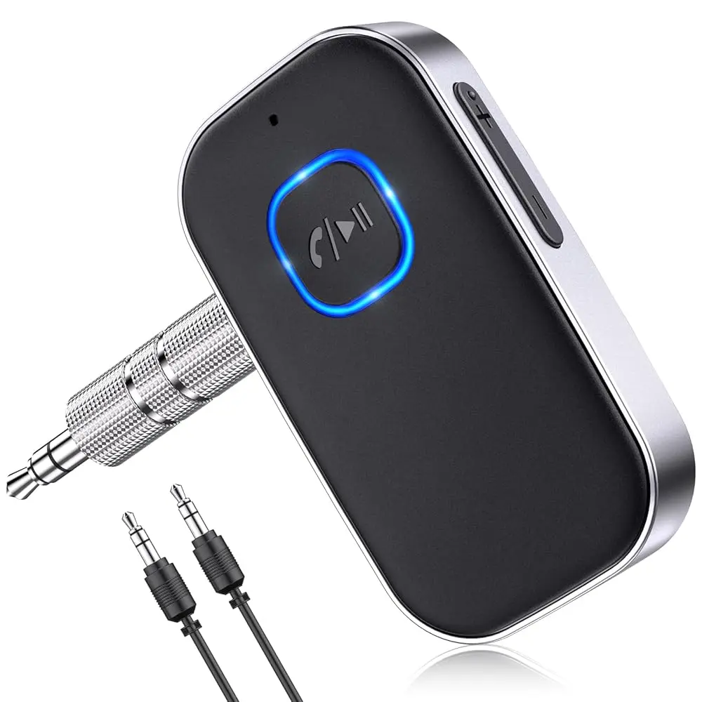 Bluetooth Receiver for Car, Noise Cancelling 3.5mm AUX Bluetooth Car Adapter, Wireless Audio Receiver for Home Stereo/Wired Headphones, Hands-Free Call, 16H Battery Life - Black+Silver