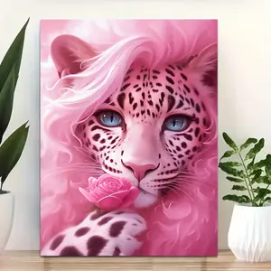 Pink leopard canvas wall art with rose motif, 2D flat HD print wildlife poster, waterproof and fade-resistant wall decor for living room and bedroom, girly wild animal home decoration artwork
