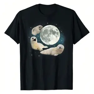 Three Cute Baby Seals Moon  3 Seal Funny Weird Cursed Meme T-Shirt Women Unisex Men S Cotton Short Sleeve T-Shirt, Perfect For Summer Adventures, 100% Soft Fabric, Ideal For Sports, Work, And Relaxation