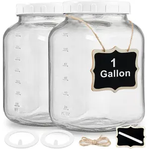 2 Pack Wide Mouth 1 Gallon Clear Glass Jar with Lid, Heavy Duty Airtight Screw Lid with  Gasket - Large Mason Jar with 2 Scale Mark for Fermenting Kombucha and Storing (Extra 2 Gaskets)