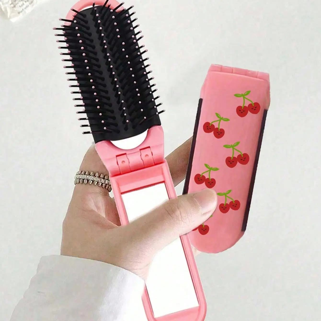 Cherry Smile Face Foldable Comb with Mirror, 2-In-1 Portable Hair and Makeup Tool for Detangling Hair, Stylish Travel Beauty Accessory for School and Work, Hair Care, Hair Combs