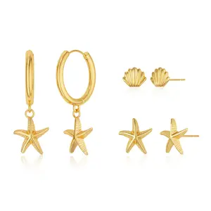 Tewiky 14K Gold Plated Huggie Earrings for Women Beach Sea Drop Dangle Earrings -  Starfish Seashell Beachy Jewelry For Valentine's Day gifts
