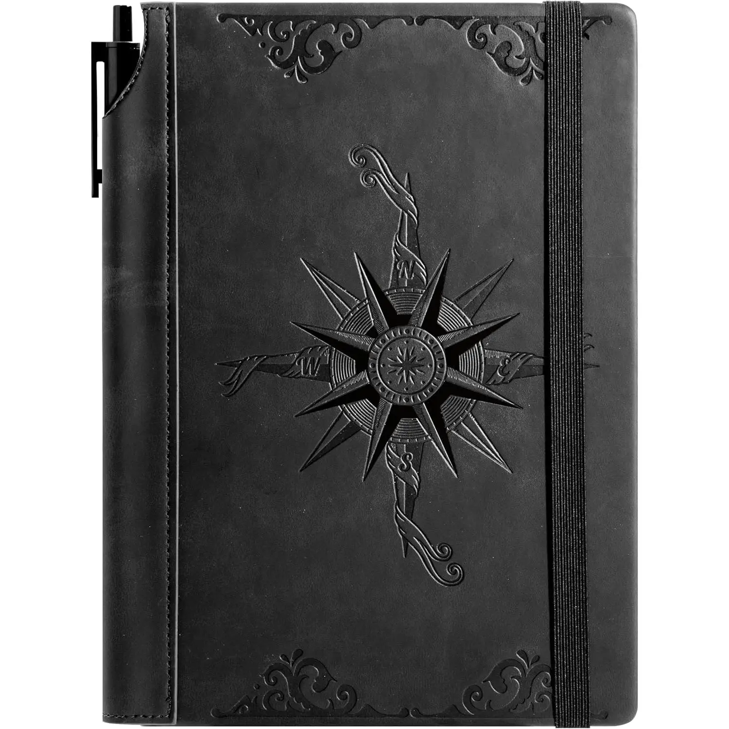 A5 Hardcover Compass Leather Journal Notebook for Men - 288 Lined 100 GSM Pages, 180° Lay Flat, 2 Ribbon Bookmarks, Pen Holder, Left-Handed Journaling Supplies Resistant to Ghosting, Shadows, Erasures (Travel, Office Use)