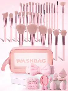 Aesthetic pink makeup brushes set powder foundation blush with sponges bag gift for teen girls daily school makeup