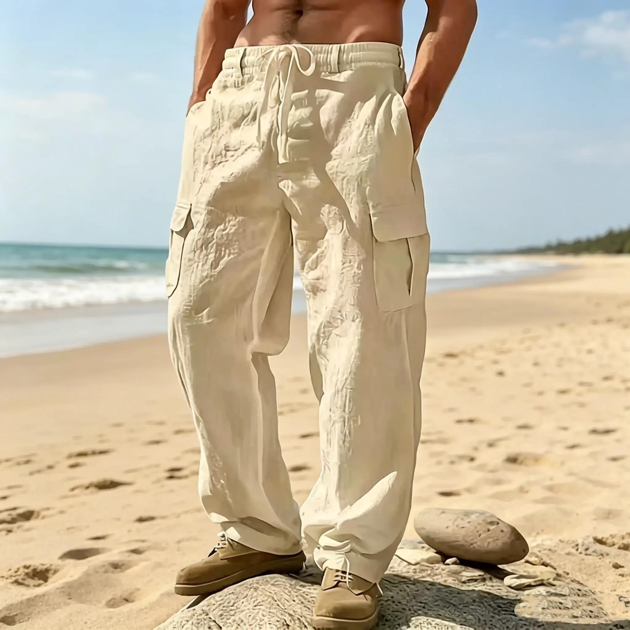 Men's Casual Linen Cargo Pants, Plain Straight Leg Design with a Drawstring Waist and Multiple Pockets, Breathable Fabric for Outdoor Wear