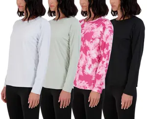 Real Essentials 4 Pack: Women's Dry-Fit Tech Stretch Long-Sleeve Athletic Workout T-Shirt (Available in Plus Size)