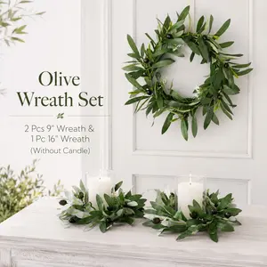 3pcs Artificial Green Olive Wreath Greenery Wreath with Olive Leaves, Bean for Front Door Indoor Outdoor Farmhouse Home Wall Window Festival Wedding Decor