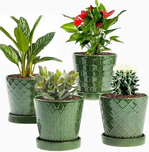 Flower Planter –5 inch Ceramic Plant Pots with Drainage Hole and Ceramic Tray - Gardening Home Desktop Office Windowsill Decoration Gift Set of 4 - Plants NOT Included