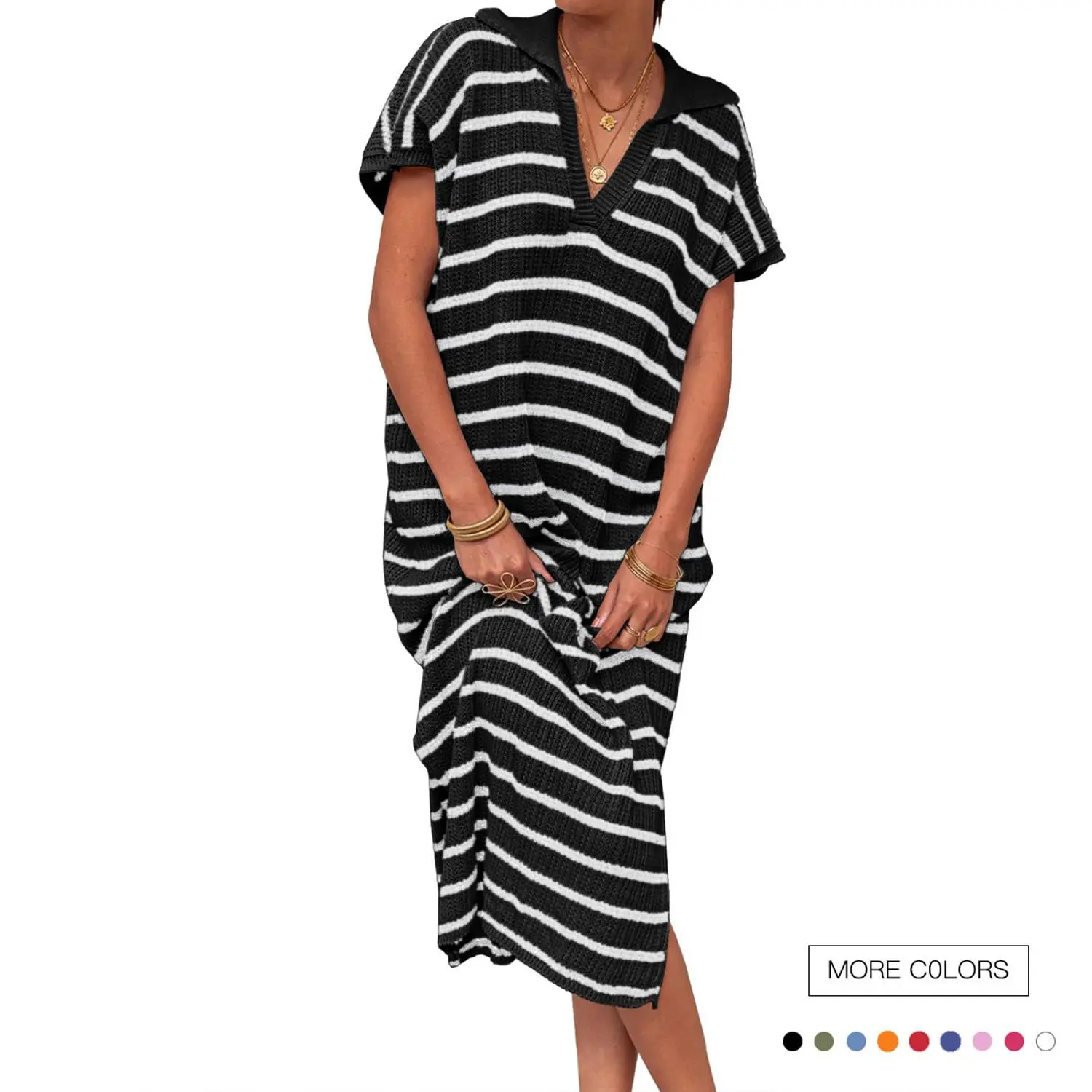 Women's Polyester Striped Shortsleeve V-Neck Knit Collared Loose-Fitted Maxi Dress - Multipurpose Casual Dress with Sexy Slit, Summer Wear, Knit Casual Dresses