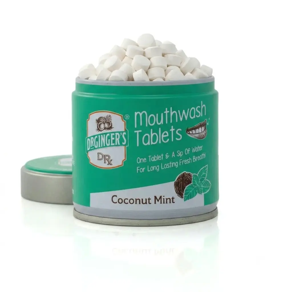 Dr. Ginger's Mouthwash Tablets | Coconut Powered, Orgnaic Coconut Oil & Xylitol, Simply Chew, Sip Water, & Swish, No Alcohol, No Burn, Supports Whole Mouth Wellness & Healthy Gums, Fresh Breath & Brightens Teeth, TSA Friendly