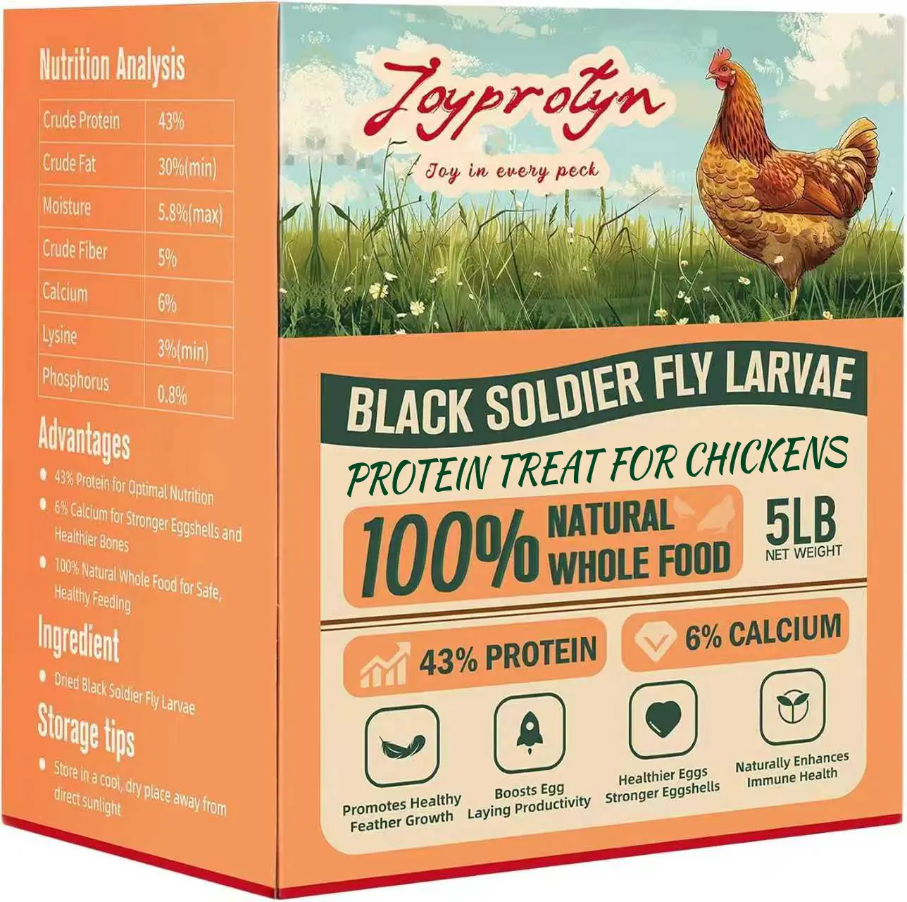 Joyprotyn 5LB Non-GMO Dried Black Soldier Fly Larvae Dry Food - 85X More Calcium Than Mealworms, Poultry Supplement for Strong Eggshells & Healthy Growth - High Protein Feed for Chickens & Pets