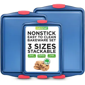 Nonstick 3-Piece Baking Pans Set – Carbon Steel Bakeware with Blue Coating Inside & Outside and Red Silicone Handles, Durable and Reliable, Effortless Baking and Easy Cleanup (Blue)