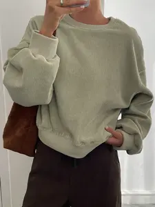 Women's Oversized Corduroy Crewneck Sweatshirt | Cropped Lantern Sleeve Casual Pullover | Soft Ribbed Knit Daily Streetwear | Single Piece | Light Mint Green Style