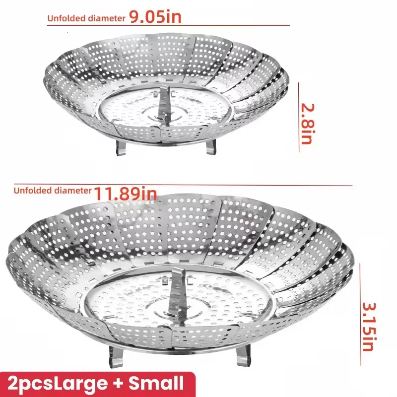 2pcs Vegetable Steamer Basket, 304 Stainless Steel Veggie Extra Large and Small | Folding Expandable Steamers to Fits Various Size Pot 6.5" to 11"