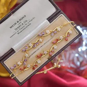 Genuine Gold Bangle - Flower-Inspired Leaf Bud Design with Zirconia Stones, Adjustable Pull Mechanism, Pomegranate Red-Purple Electroplating, Ideal for Daily Fashion Accessories (Flowers Themed)
