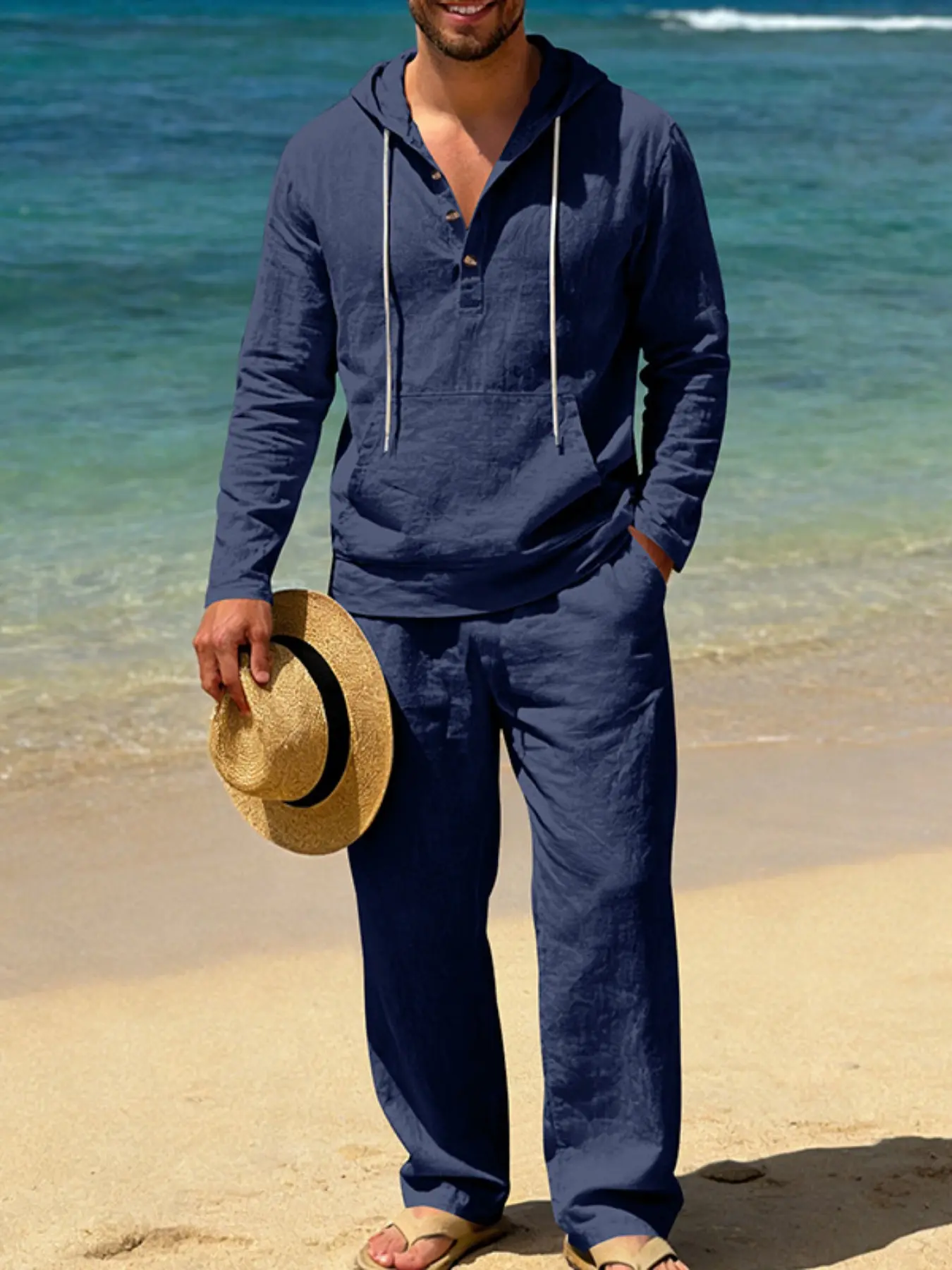 Men's Solid Color Linen Set, Casual Loose Fit Hawaiian Henry Hooded Long Sleeve Cardigan and Pants, Four-Season Clothes