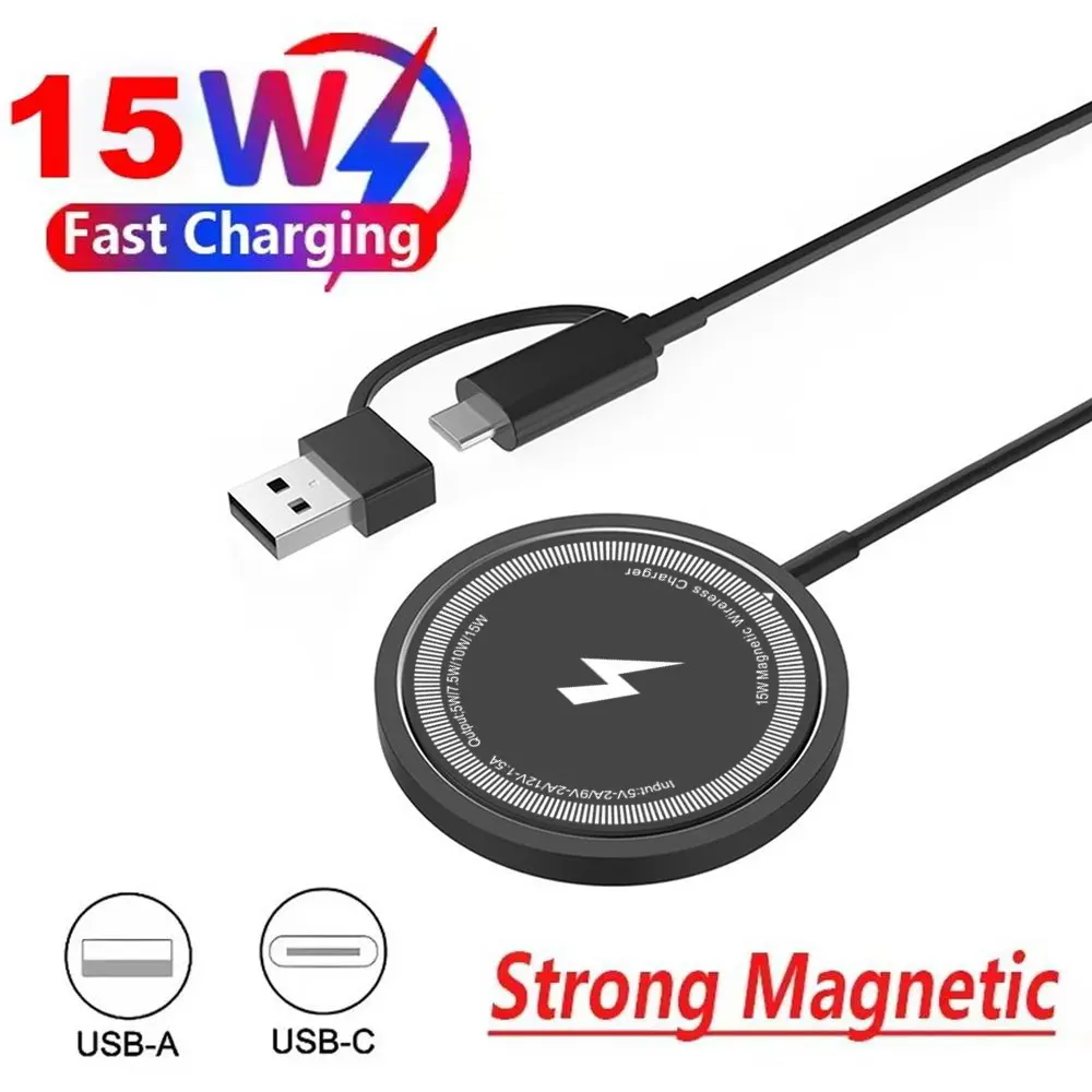 1pc Fast Charging Magnetic Wireless Charger, Smart Charging Dock, 15W Pad for iPhone 16/15/14/13/12/11, Pro Max/Mini5W Samsung S24/S23 Ultra/S22/S22+/S22 U & for Airpods - Dual Input USB-C/A, Compatible, with Overcharge Protectio