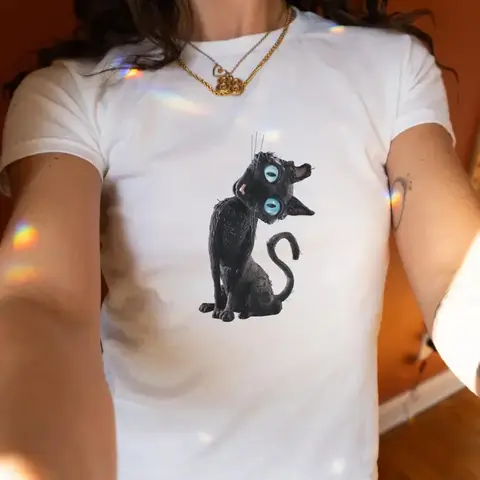 Black Cat Baby Tee, Y2K Womens Fitted Tshirts, Coraline Tshirt, Retro Shirt, Vintage Movie Tops, Cute Film Tshirt, Gift for Cat Lovers, Cute
