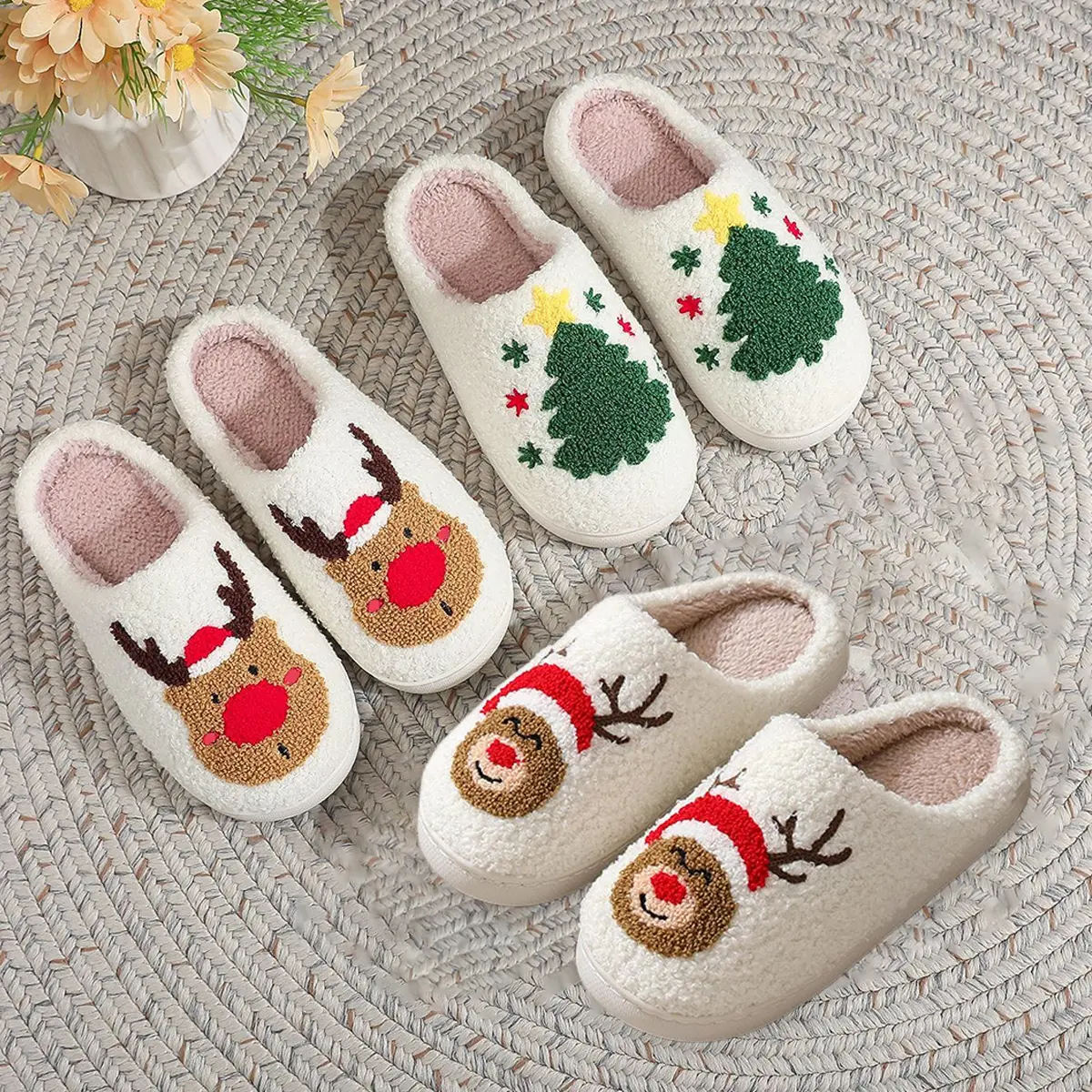 Unisex Festive Christmas Slippers with Santa & Christmas Trees, Plush Animal Print Slide Shoe, Fluffy Non-Slip Indoor Footwear, Slip On, Perfect Gift, Friends And Family, Indoor Wear, Soft Fabric, Flat Sole, Cute Look, Warm Inner, Indoor Use