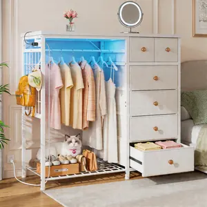 【All-in-one Storage Design】Raybee 6 Drawers Dresser with Hanging Rack, Fabric Storage Chest of Drawers with Clothes Rack&Hooks, Charging Station & LED Lights, Modern Storage Organizer with Wooden Top & Grid Panel for Bedroom, Living Room,Closet