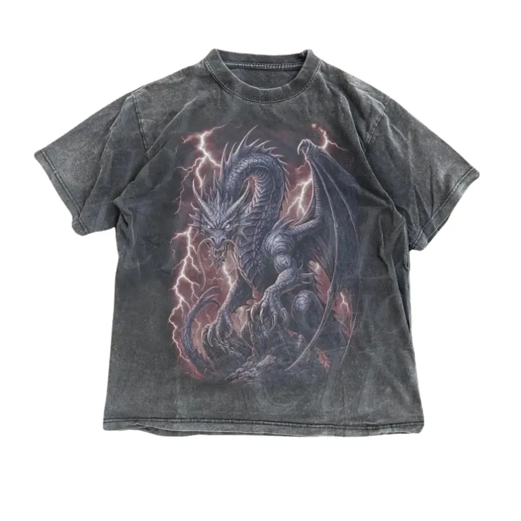 Women's Short-Sleeve Casual Dragon Graphic T-Shirt - Vintage 90s Dark Fantasy Grunge Y2k Mythical Medieval Unisex Cotton Crewneck Streetwear Top, Shortsleeve