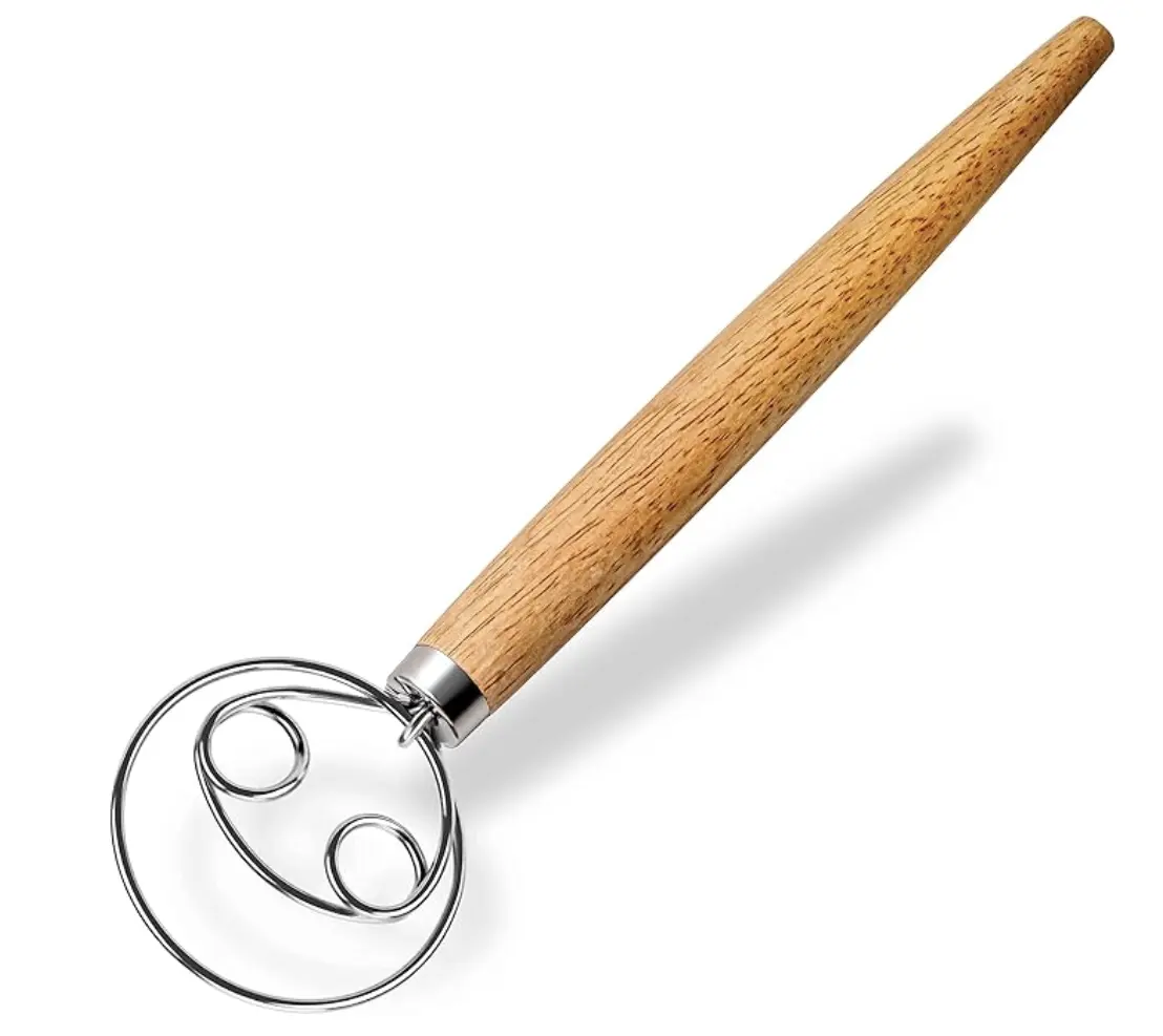 13-inch Danish Dough Whisk with Stainless Steel Dough Hook Baking Tool Utensil Flour Mixer Bread Dough Hand Mixer Wooden handle Bakeware Cake