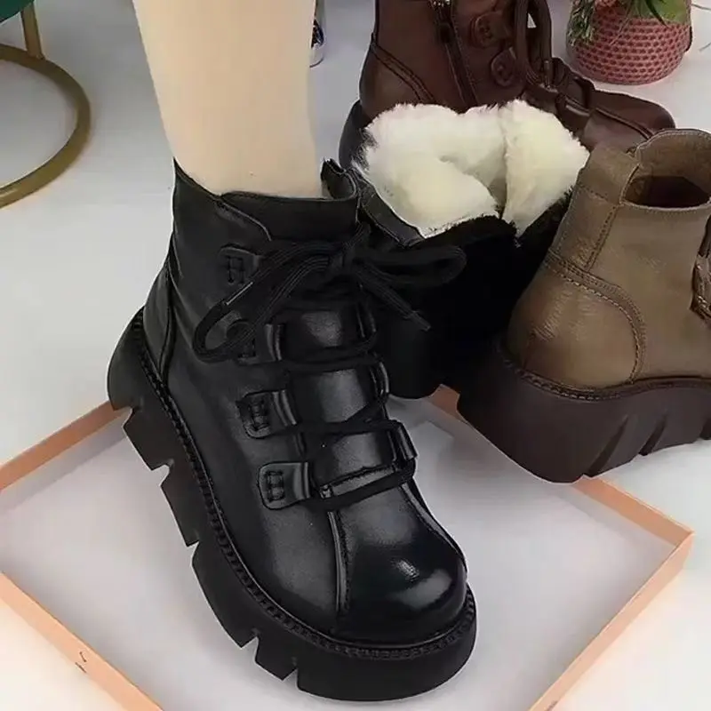 Women's Insulated Fleece-Lined Winter Snow Booties - Low Heel, Thick Rubber Sole, Round Toe, Short Ankle, Synthetic Plain Fabric Upper, Cuban-Inspired Design, Ice-Slip Resistant Traction, Outdoors Cozy Black/Brown Casual Cold-Weather Footwear