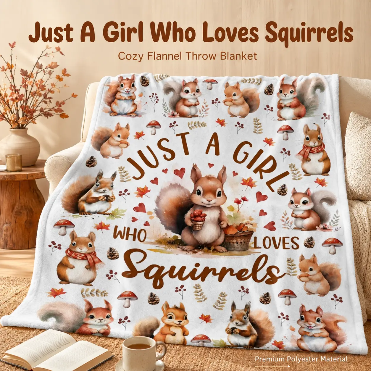 Squirrel Print Cozy Aesthetic Retro Animal Blanket - Soft Fabric, 50"x40" Multi-Size, Christmas Gift for Squirrel Enthusiasts, Ideal for Indoor Use (Adults, Kids), Thanksgiving