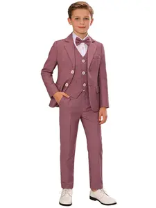 Boys Pink Formal 4-Piece Suit Set Junior 👔 | Blazer + Vest + Pants + Pink Bow Tie | Slim Fit Groomsman Outfit | Perfect for Weddings, Parties & All Special Occasions | Elegant Boys Attire (No Shirt Included) Clothing Sets - 23806