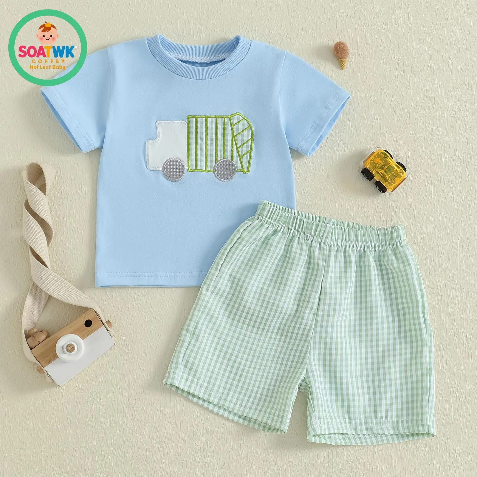 Toddler Boy Summer Outfit Truck Embroidery Short Sleeve Round Neck T-Shirt + Plaid Shorts 2Pcs Set