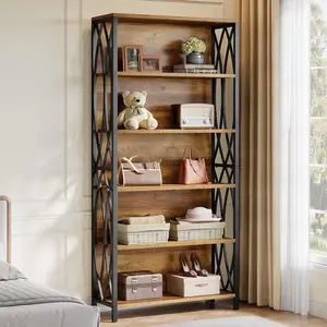 LITTLE TREE 70.87" Tall Bookshelf, 6-Tier Industrial Bookcase with Geometric Metal Frame & Open Storage Shelves, Freestanding Display Shelf for Home Office, Living Room