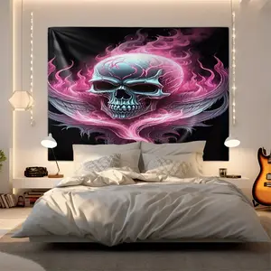 Pink and Purple Flame Skull Background Wall Tapestry, Gothic-Style Dark and Atmospheric Digital Print Tapestry, Whimsical Wall Hanging for Bedroom Decor, Unique Home Aesthetic Wall Art, Cozy Heartwarming Vibes.
