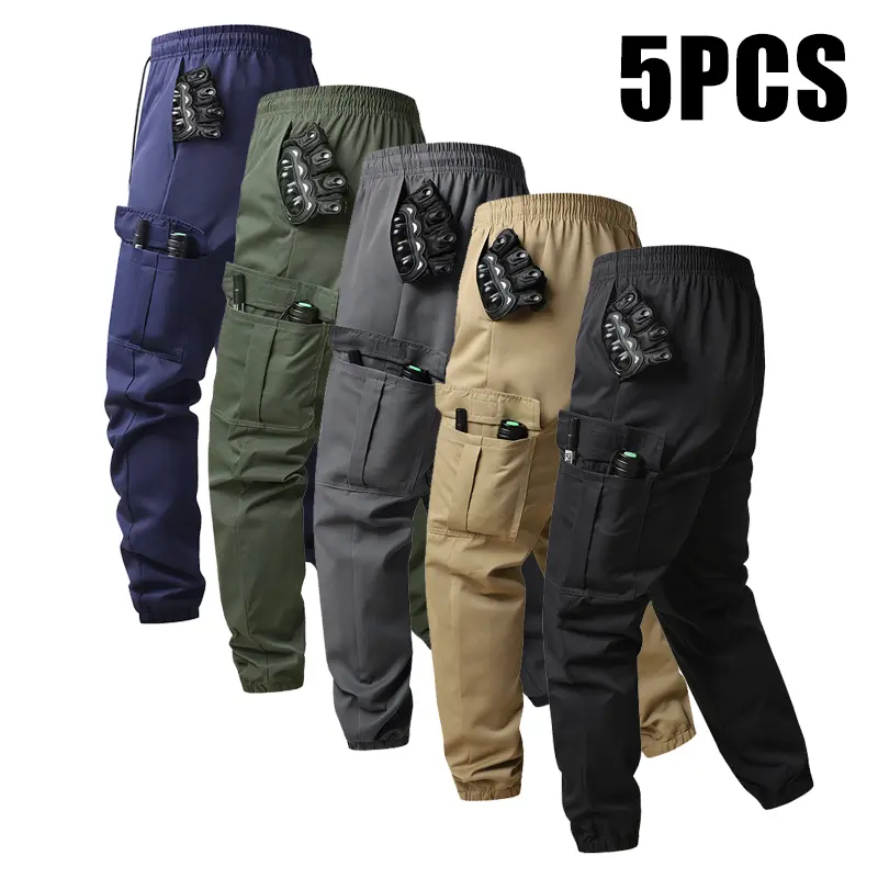 Pack of 5 – Men’s multi-pocket casual cargo pants, comfortable and breathable men’s outdoor sports long pants, solid-color jogger sweatpants with side flap pockets and elastic waistband, suitable for everyday casual outings.