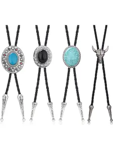 4 Pcs Colorful Bolo Tie Crafted Tie Design Antique Bolo Ties for Men Women Traditional Western Cowboy Leather Plastic Alloy Neck Piece Embellished with Genuine Turquoise Rock for Daily Dress Costume Ornament Luxe Smooth Leather Band Alloy Fixture Hardware