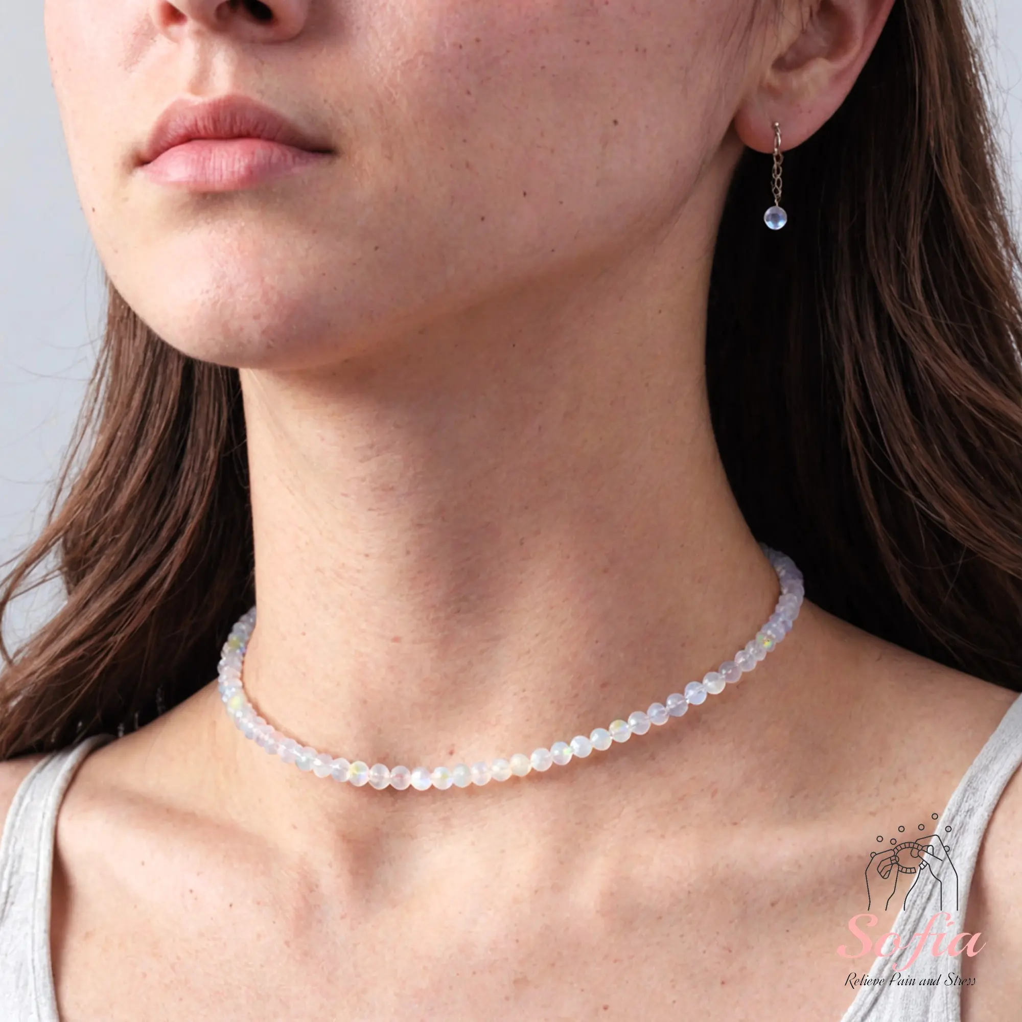 Women's Dainty Natural Gemstone Choker Necklace - Delicate Matte Aura Quartz Beads, Waterproof, Handmade Adjustable, Women's Fashion Casual Natural Crystal Necklaces & Pendants, Gift for Her