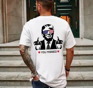 Trump Unisex Tee Casual Crewneck T-Shirt with American Flag and "YOU MISSED" Text, Shortsleeve, White, Streetwear Style Menswear Top Print Stylish